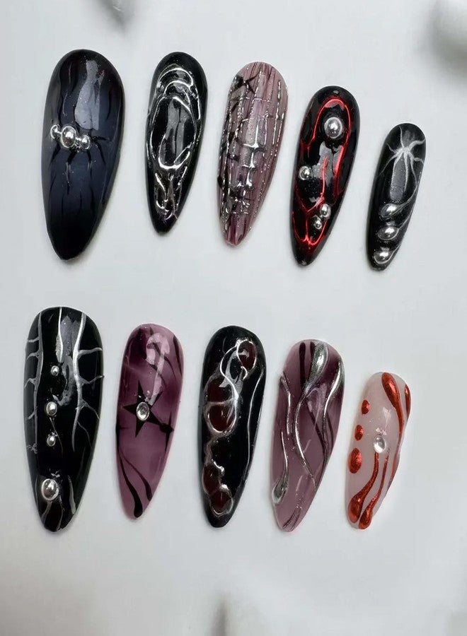 VOTACOS Goth Red Black Press on Nails Almond Medium Acrylic Fake Nails Press Ons with Glue 24Pcs Silver Lines Beads Y2K Stick on Nail with Designs 3D Star Artificial Glue on False Nail for Women - Image 2
